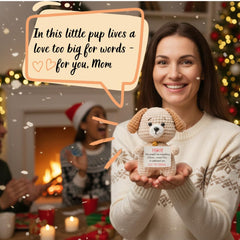 Soft yarn crochet puppy plush with embroidered details for Mom’s keepsake