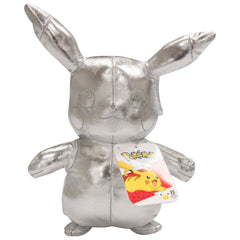 Pokémon 25th anniversary silver Pikachu plush for cuddling and display.
