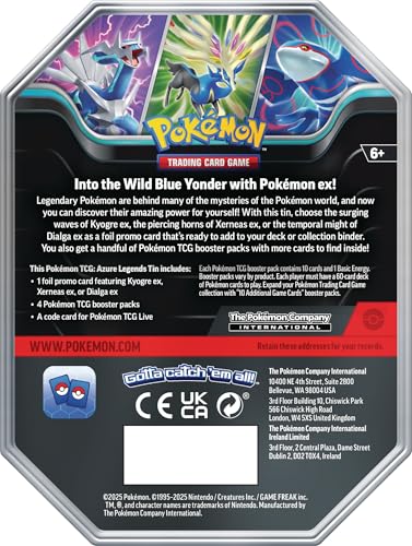 Pokémon Azure Legends Tin includes boosters and a code card for Pokémon TCG Live