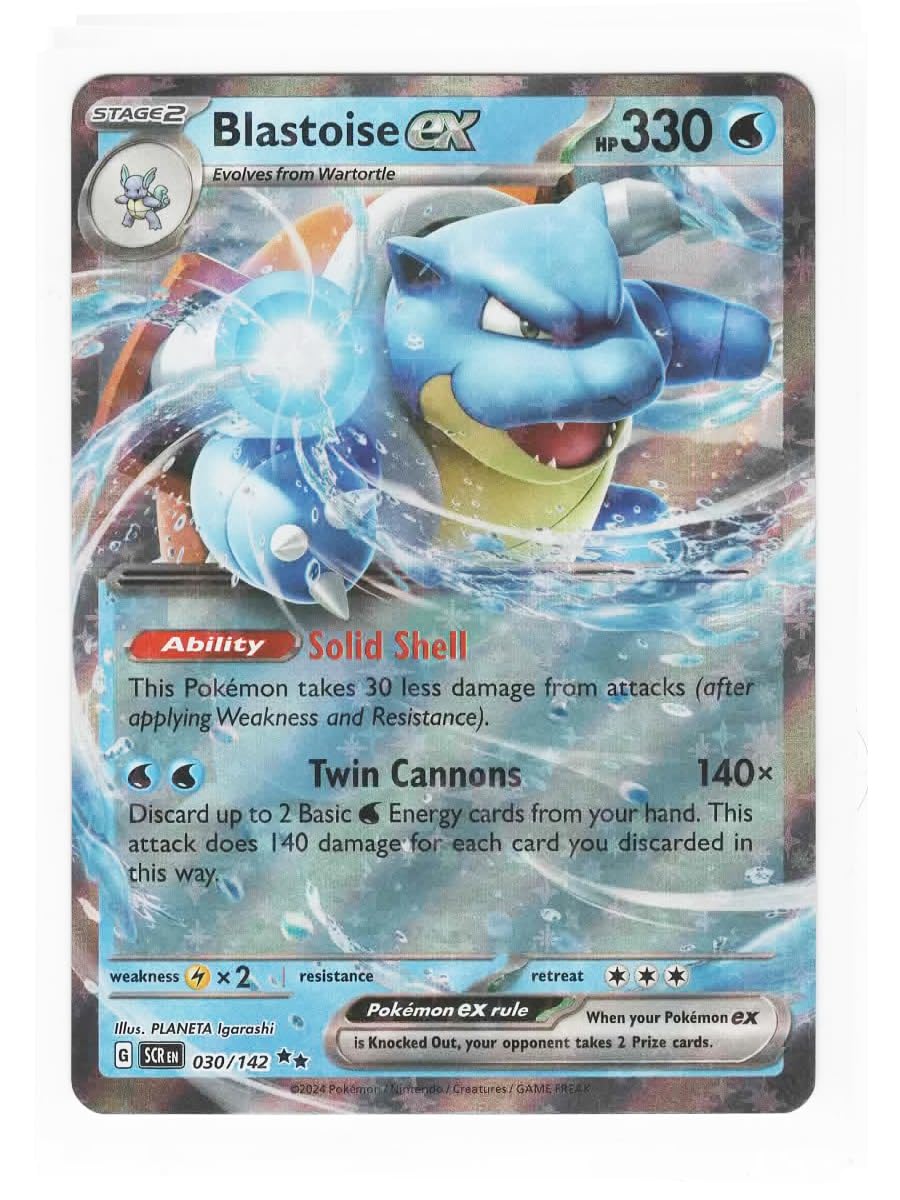Pokémon Blastoise ex Stellar Crown card, authentic collectible for display and trading.