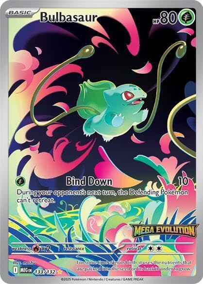 Pokemon Bulbasaur Mega Evolutions stamp promo full art illustration; authentic single card for display and collection.