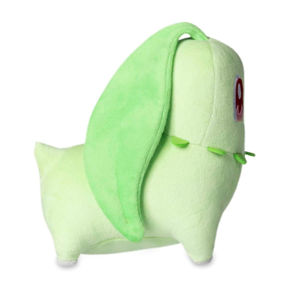 Chikorita plush close-up of soft fabric and stitching for cuddle-worthy texture.