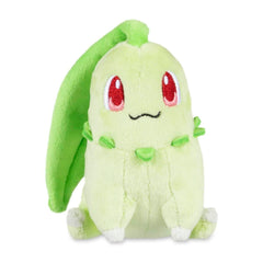 Pokémon Center Chikorita Sitting Cuties Plush sits up on flat surfaces for charming desk decor.