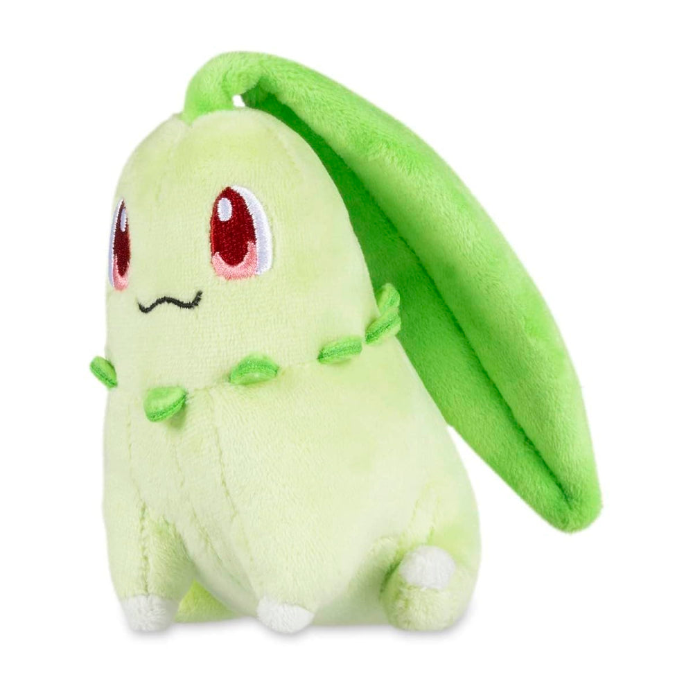 Pokémon Center Chikorita Sitting Cuties Plush weighted for stable desk display.