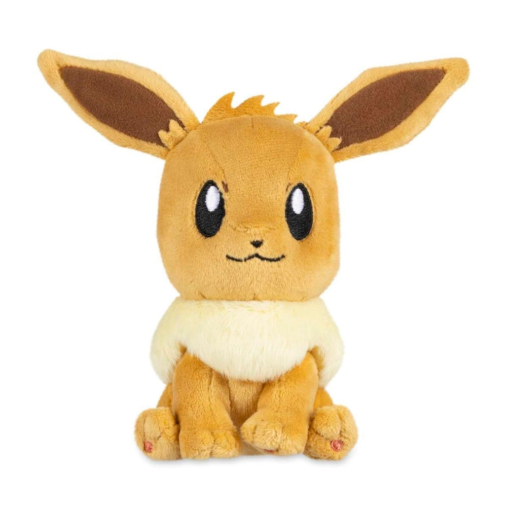 Eevee plush weighted with microbeads keeps upright pose on a shelf