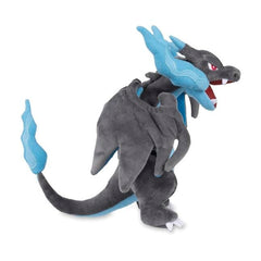 Pokémon Center Mega Charizard X plush back view, vibrant colors enhance any shelf.