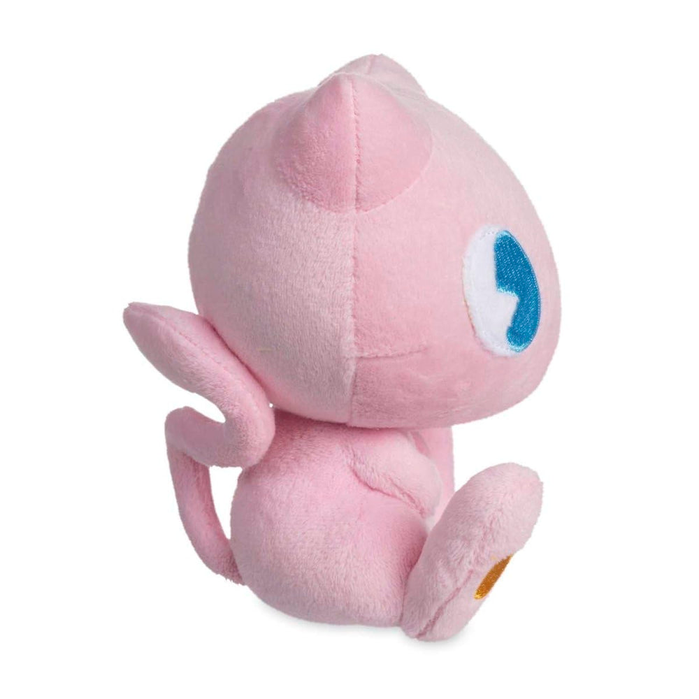 Pokemon Center Mew Soda Pop Plush close-up eyes emphasize nostalgic embroidery and whimsy on display.