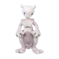 Pokémon Center Mewtwo plush side view showing confident pose for shelf or desk