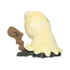Pokemon Center Mimikyu Busted Form Weighted Plush supports upright display on flat surfaces.