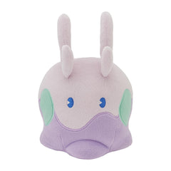 Pokemon Center Goomy plush front view highlights soft fabric for cozy display.