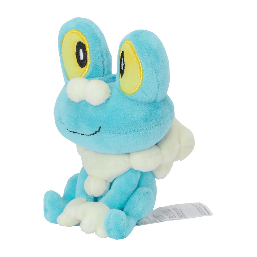 Pokémon Center Keromatsu Froakie plush sitting cuties pose on shelf.
