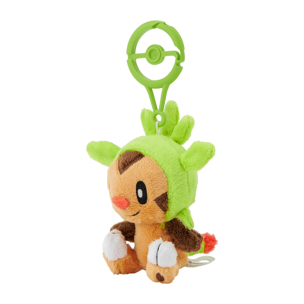 Pokemon Center Chespin plush with carabiner attached, ideal for backpacks.