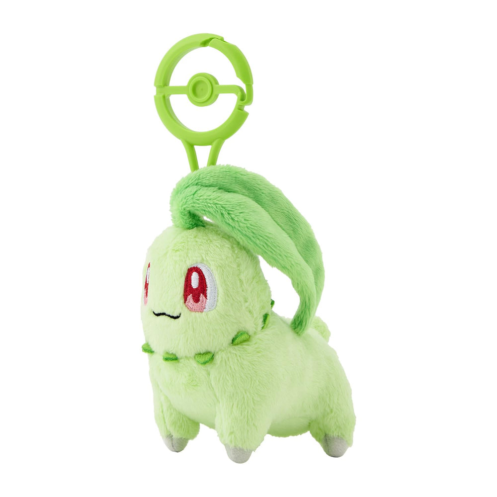 Pokémon Center plush Chikorita, carabiner close-up, easy to attach to bags and keychains.