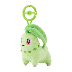 Pokémon Center plush Chikorita, carabiner close-up, easy to attach to bags and keychains.