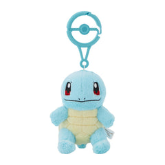 Pokémon Center Squirtle plush with carabiner clip, ideal for backpack attachment.