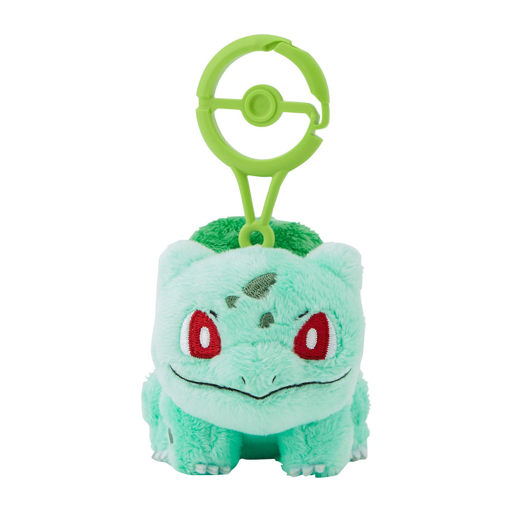 Pokémon Center Bulbasaur plush front view with carabiner for easy attachment