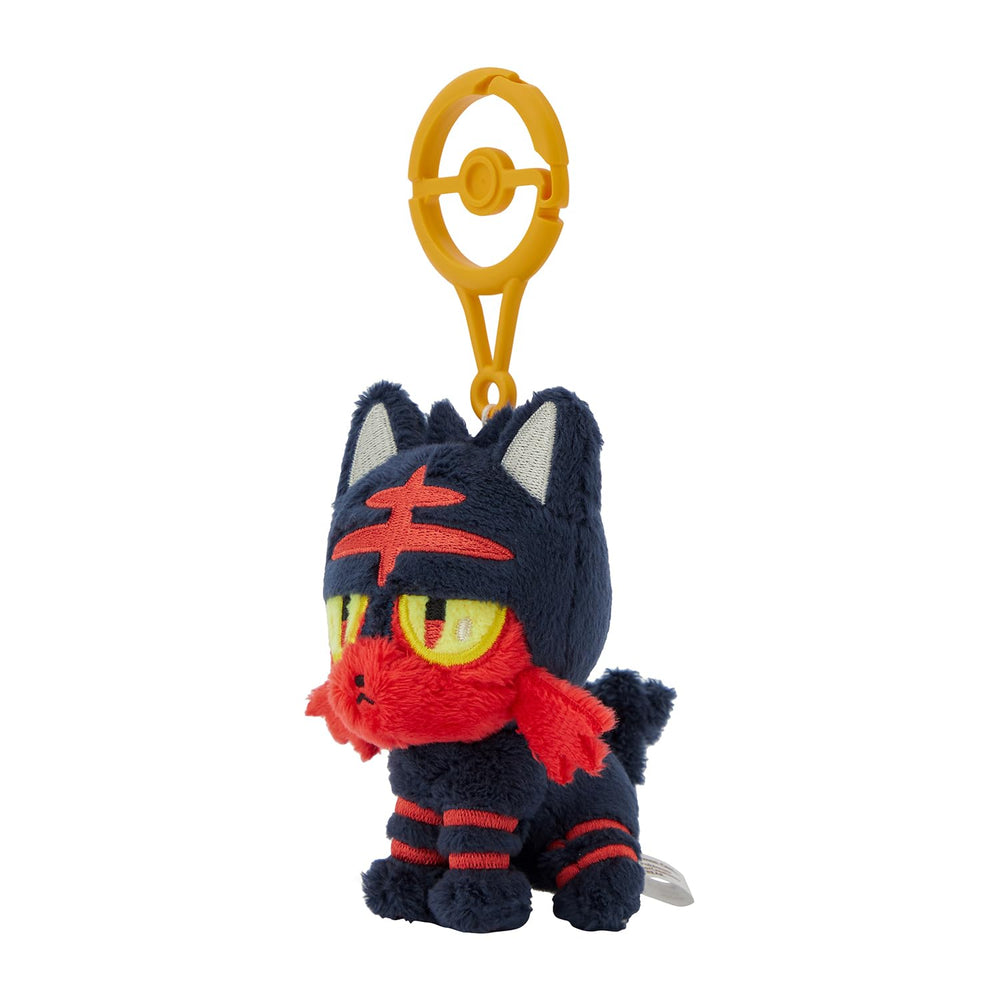 Pokémon Center Litten plush with carabiner—side view, clip-friendly for backpacks.