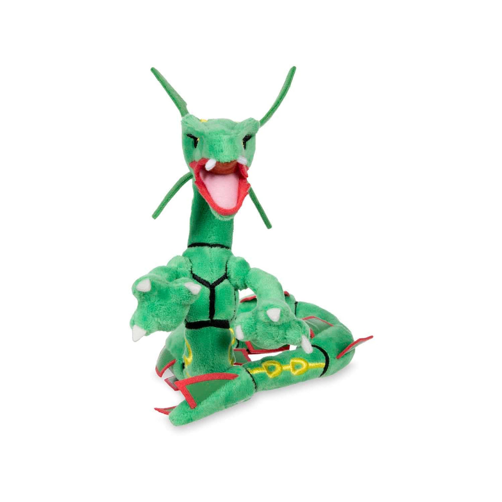 Pokemon Center Rayquaza plush closeup, detailed texture and finish.