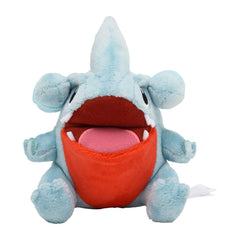 Pokemon Center Sitting Cuties Gible Plush side view great for shelf display.