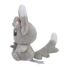 Pokemon Center Minccino plush back view; shows finish for shelf display.