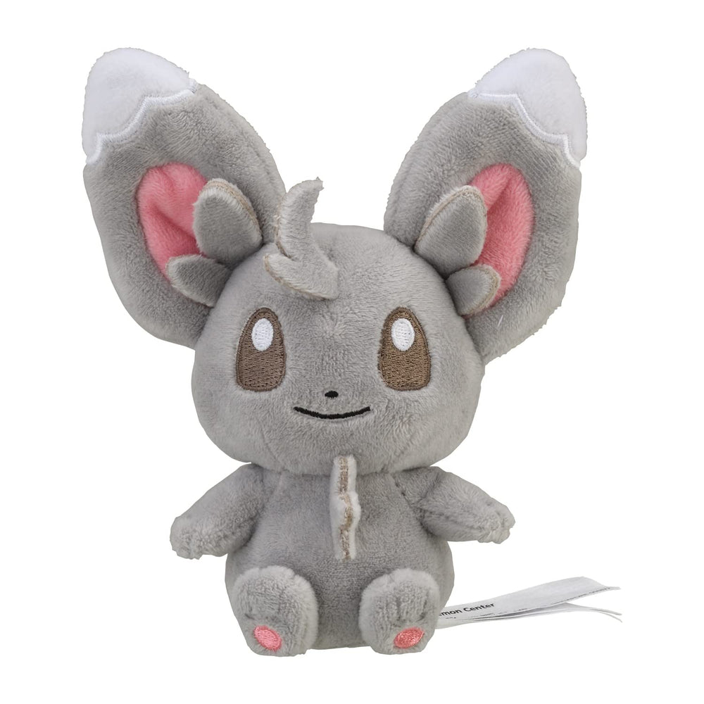 Pokemon Center Minccino plush side view; ideal desk buddy for fans.