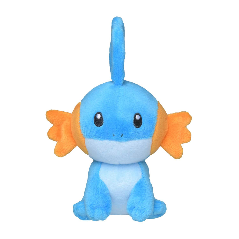 Pokémon Mudkip plush, front view, soft cuddle companion for display.