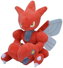 Pokémon Center Scizor Plush from Sitting Cuties, sits upright for desk or shelf display.