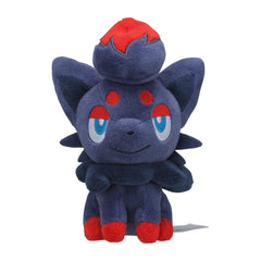 Pokemon Center Zorua plush side view, perfect for shelf displays and cozy moments.