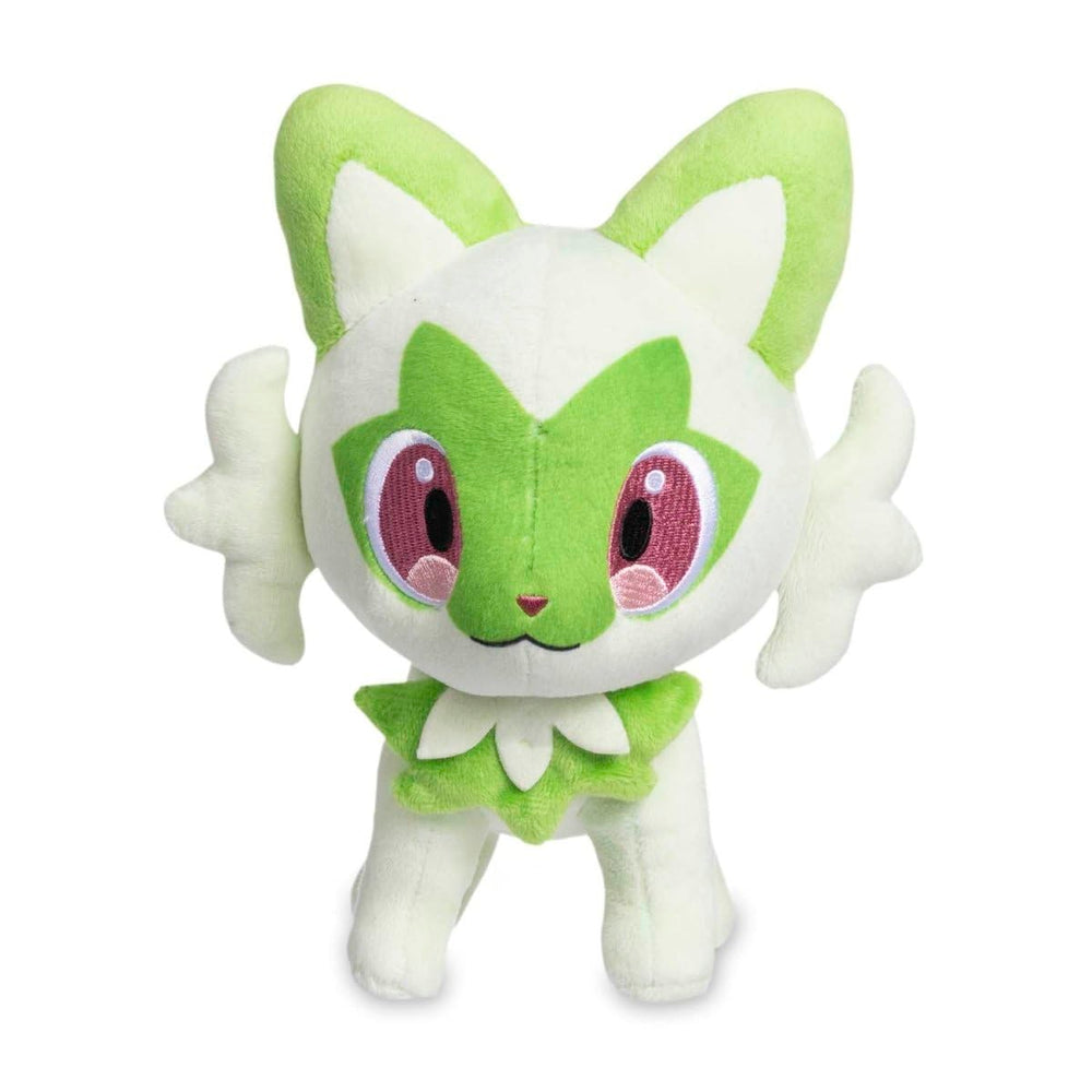 Pokemon Center Sprigatito plush close-up shows embroidered head and face.