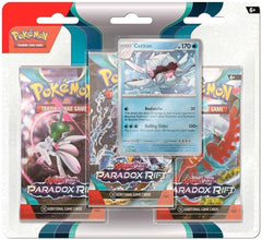 Pokémon Cetitan Paradox Rift 3-Pack Blister back view, card layout and accessibility highlight.