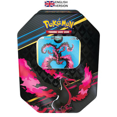 Pokémon Crown Zenith tin featuring Galarian Moltres promo card for collection display.
