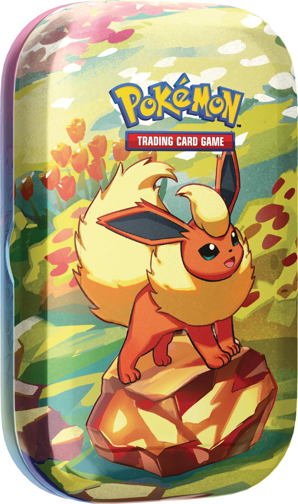 Pokemon Flareon mini tin front illustration, ideal for display and collecting.