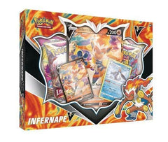 Pokemon Lost Origin Infernape V Box artwork emphasizing sturdy storage and display-ready cards.