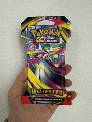 Pokemon Mega Evolution sleeved booster pack front view with bold art and design benefits