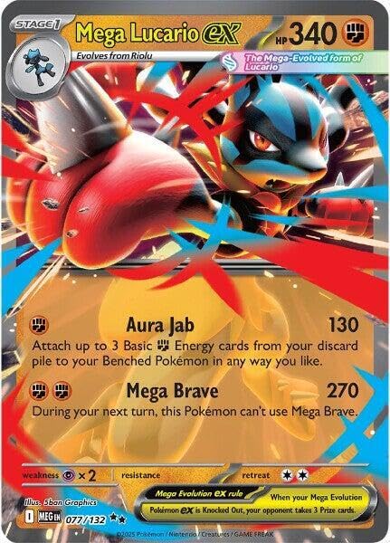Pokemon Mega Lucario ex 077/132 ME01 holographic card for display and collection