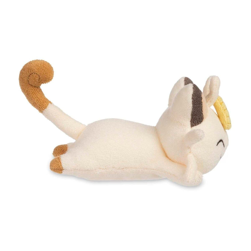 Pokemon Center Meowth Comfy Cuddlers plush embroidery detail adds charming accents for collectors.
