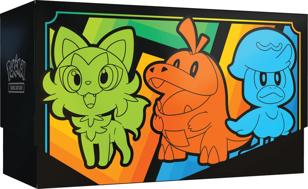 Pokémon Paldea Evolved ETB sleeves show Sprigatito Fuecoco Quaxly for deck protection.