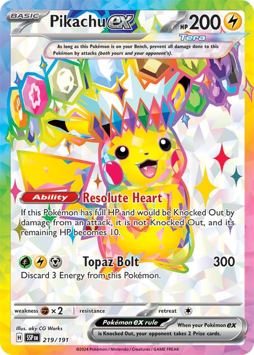 Pokemon Pikachu ex Surging Sparks foil full-art card enhances display and collection value.