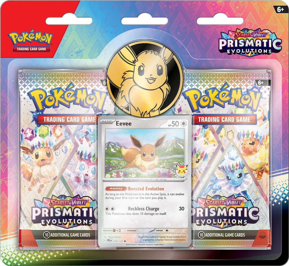Pokemon Prismatic Evolutions Eevee foil card with Pokemon Day 2025 logo for display and collection