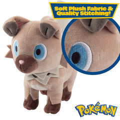 Pokémon Rockruff plush 8-inch close-up face, highlighting soft fabric and stitching.