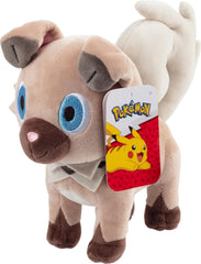 Pokémon Rockruff plush 8-inch front view, soft and cuddly for playtime.