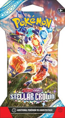 Pokémon Scarlet & Violet Stellar Crown blister close-up shows shimmering card art.
