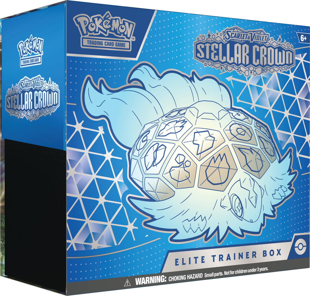 Pokemon Scarlet Violet Stellar Crown ETB cover with eye-catching artwork for display.