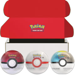 Pokémon TCG Poké Ball Tin 3-Pack display with boosters and stickers