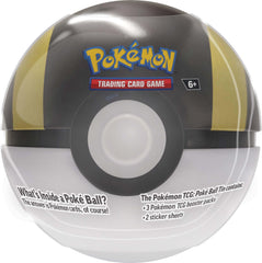 Pokemon TCG Q4 Poke Ball Tins packaging closeup, sturdy and collectible.