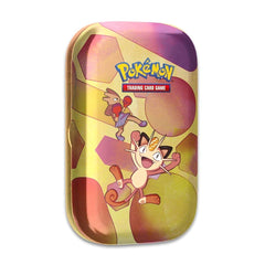 Pokemon TCG Scarlet and Violet 151 Mini Tin front design featuring Meowth and Hitmonchan for display