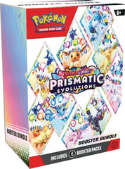 Pokemon TCG Scarlet & Violet Prismatic Evolutions booster bundle six packs, enhances collectors' variety.