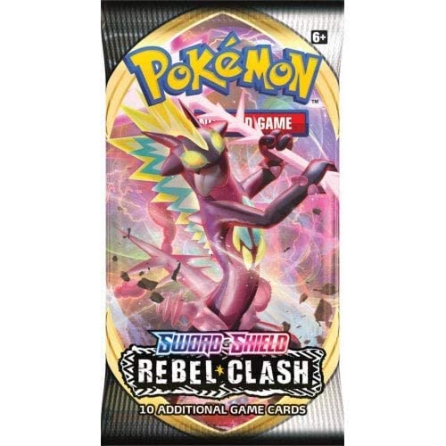 Pokemon TCG Rebel Clash booster pack back highlights contents and pack design for fans.