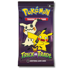 Pokémon Trick or Trade 2023 Mimikyu Pikachu mini booster pack with three surprise cards for building battles.