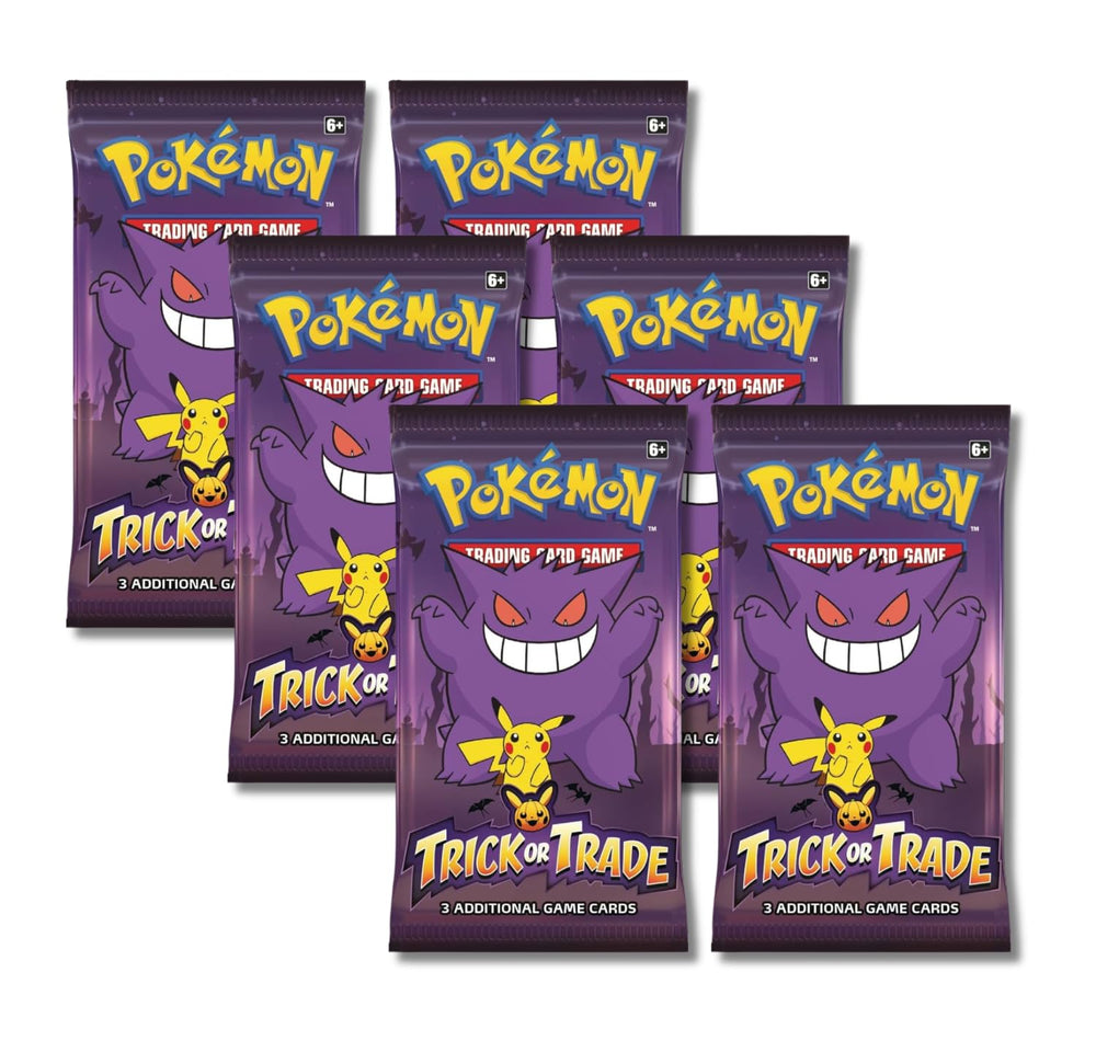 Pokémon Trick or Trade display featuring Gengar and Pikachu six mini booster packs